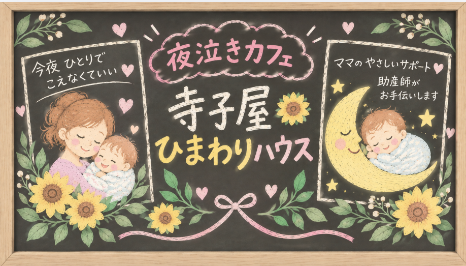 川越市の夜泣きカフェ・寺子屋ひまわりハウスの案内イラスト。助産師による夜間産後ケアとママと赤ちゃんの休息支援